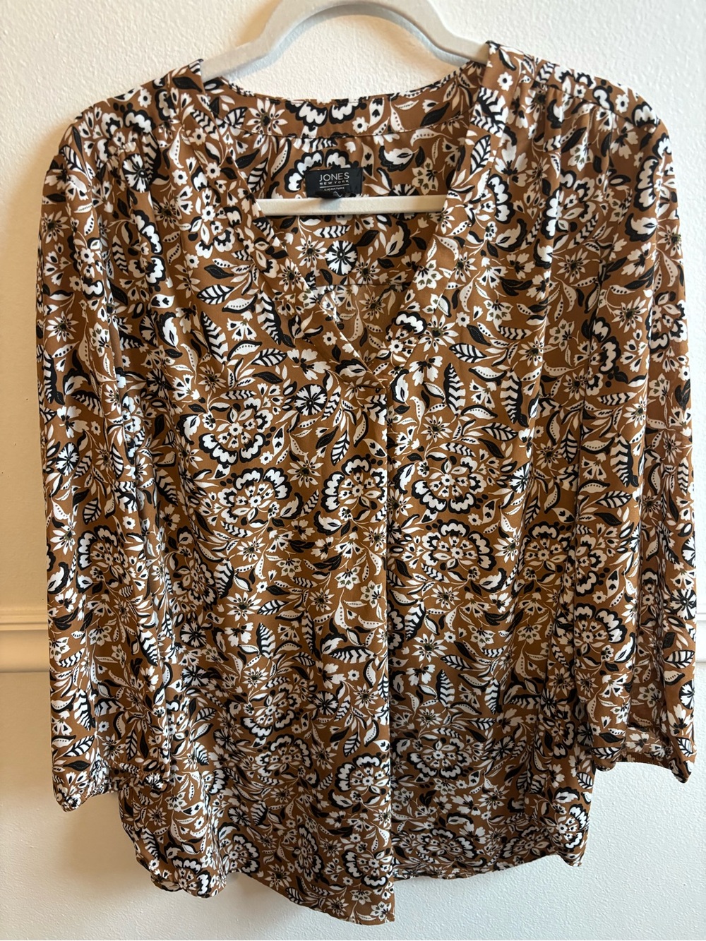 Jones New York Brown Floral V-Neck Blouse